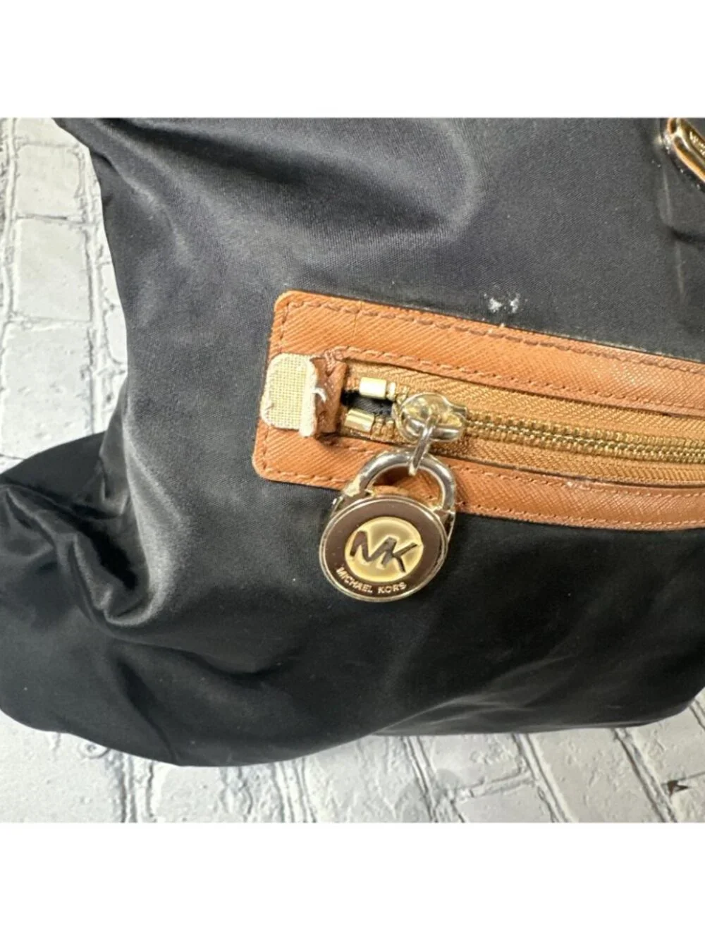 Michael Kors Black Cognac Shoulder Bag With Tan Leather Trim Medium Purse